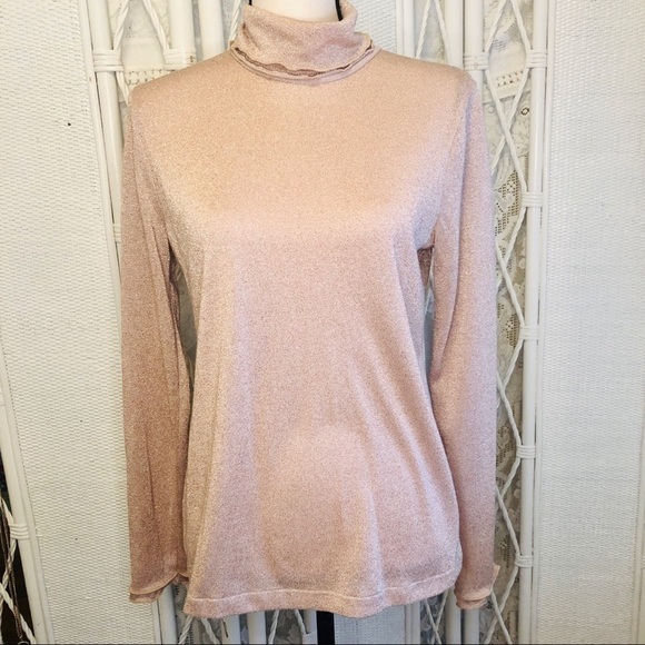 J. Crew Turtleneck Metallic Rose Gold Stretch Knit Ruffle Edge Top size Medium - Picture 2 of 16